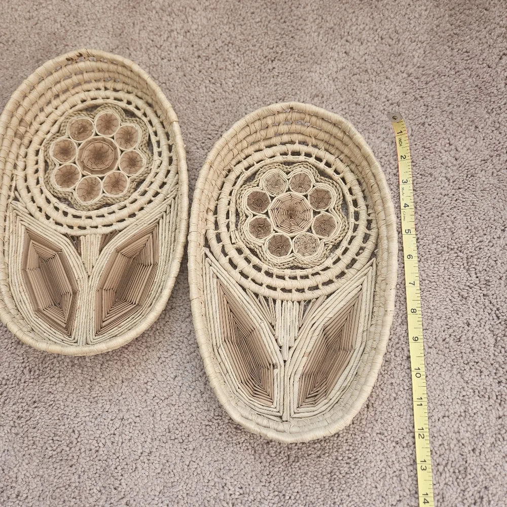 2 Handwoven Daisy Flower Vintage Wicker Rattan Nesting Bread Baskets Boho Folk